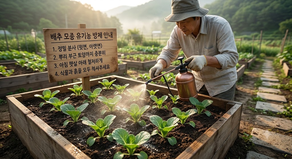 배추 모종 잎 뒷면과 뿌리 근처 토양까지 약제가 잘 스며들도록 이른 아침에 분무기로 방제 작업을 진행하는 모습