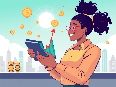 한 여자가 태블릿으로 주가 상승 그래프를 보며 웃고 있고 주변에 코인이 있다