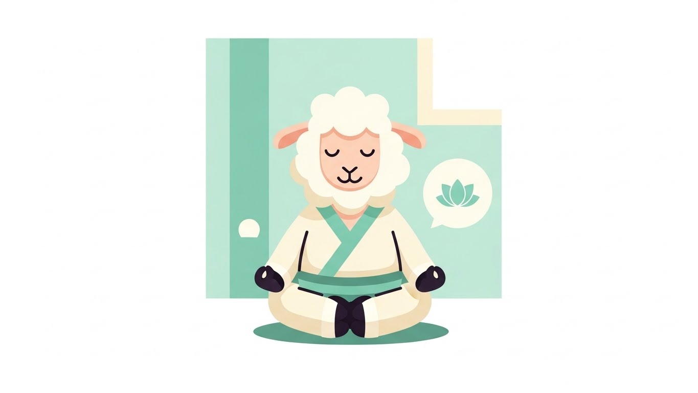 조용한 방에서 명상을 하며 내면의 평화를 찾는 차분한 양 캐릭터 일러스트