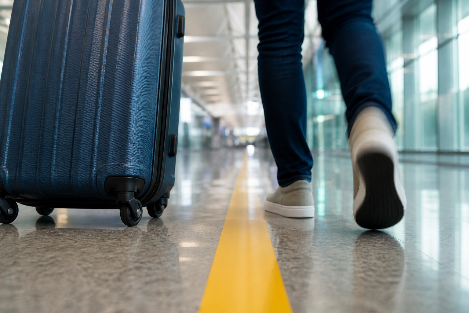 공항 터미널 바닥을 낮은 각도에서 담은 사진으로 여행가방 바퀴와 걸어가는 사람의 다리, 바닥에 표시된 유도선이 보이는 장면 - 출국장으로 이동하는 상황을 담은 AI 생성 예시 이미지