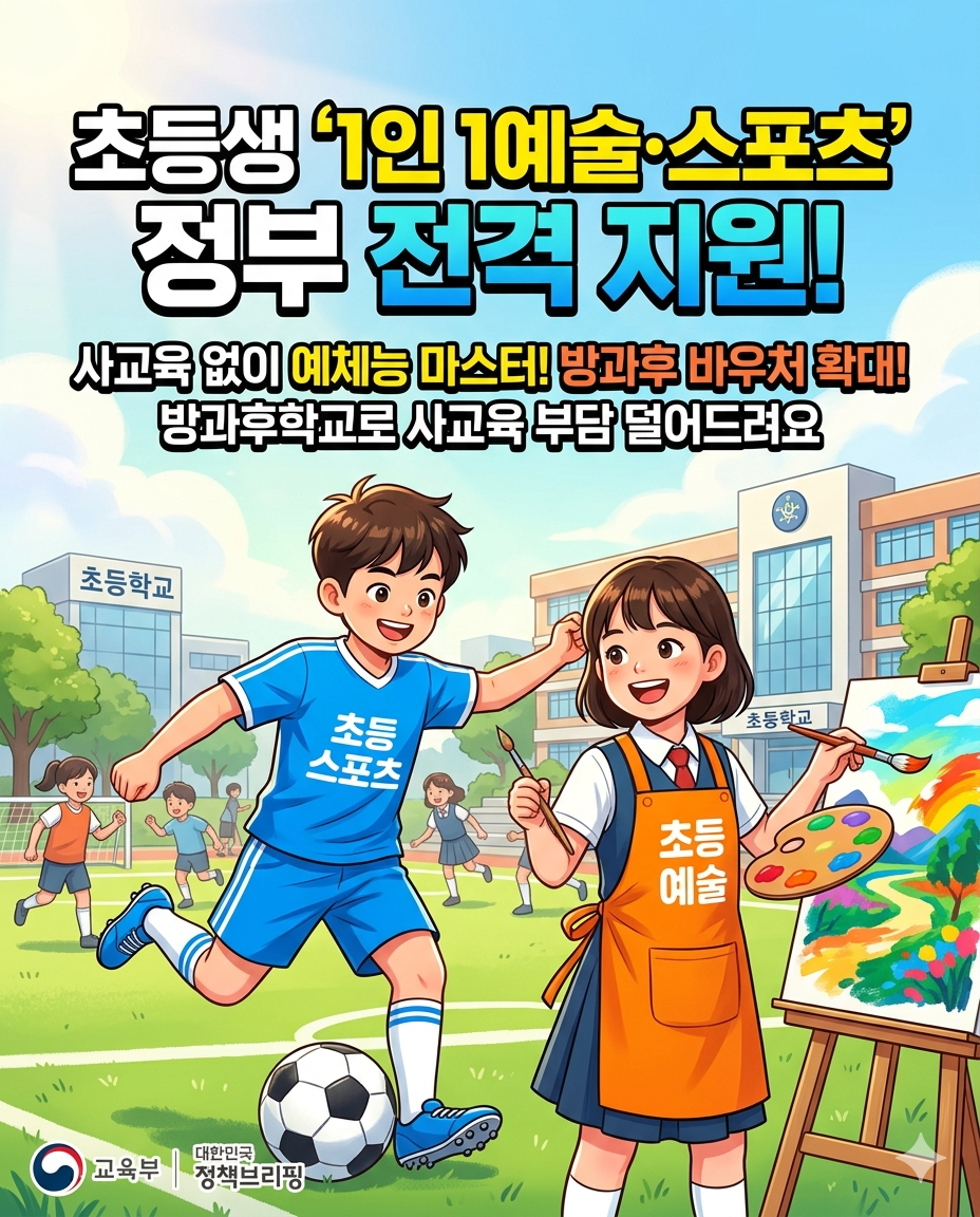 교육부 초등생 '1인 1예술·스포츠' 정부 전격 지원 정책 홍보 일러스트. 학교 운동장을 배경으로 축구복을 입고 공을 차는 남자아이와 앞치마를 입고 그림을 그리는 여자아이가 웃고 있다. "초등생 '1인 1예술·스포츠' 정부 전격 지원!", "사교육 없이 예체능 마스터! 방과후 바우처 확대!", "방과후학교로 사교육 부담 덜어드려요"라는 텍스트가 명시되어 있으며, 하단에 교육부 및 대한민국 정책브리핑 로고가 있다.
