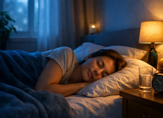 침실에 새벽 빛이 보이는 가운데 숙면하는 인물 통해 균형 잡힌 수면 회복 상징