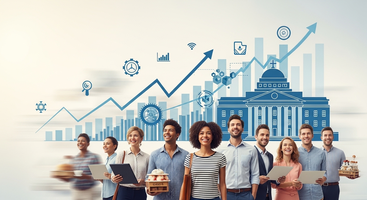 정부 지원을 받아 활기차게 성장하는 소상공인들의 모습과 미래지향적인 사업 환경을 묘사하는 그림