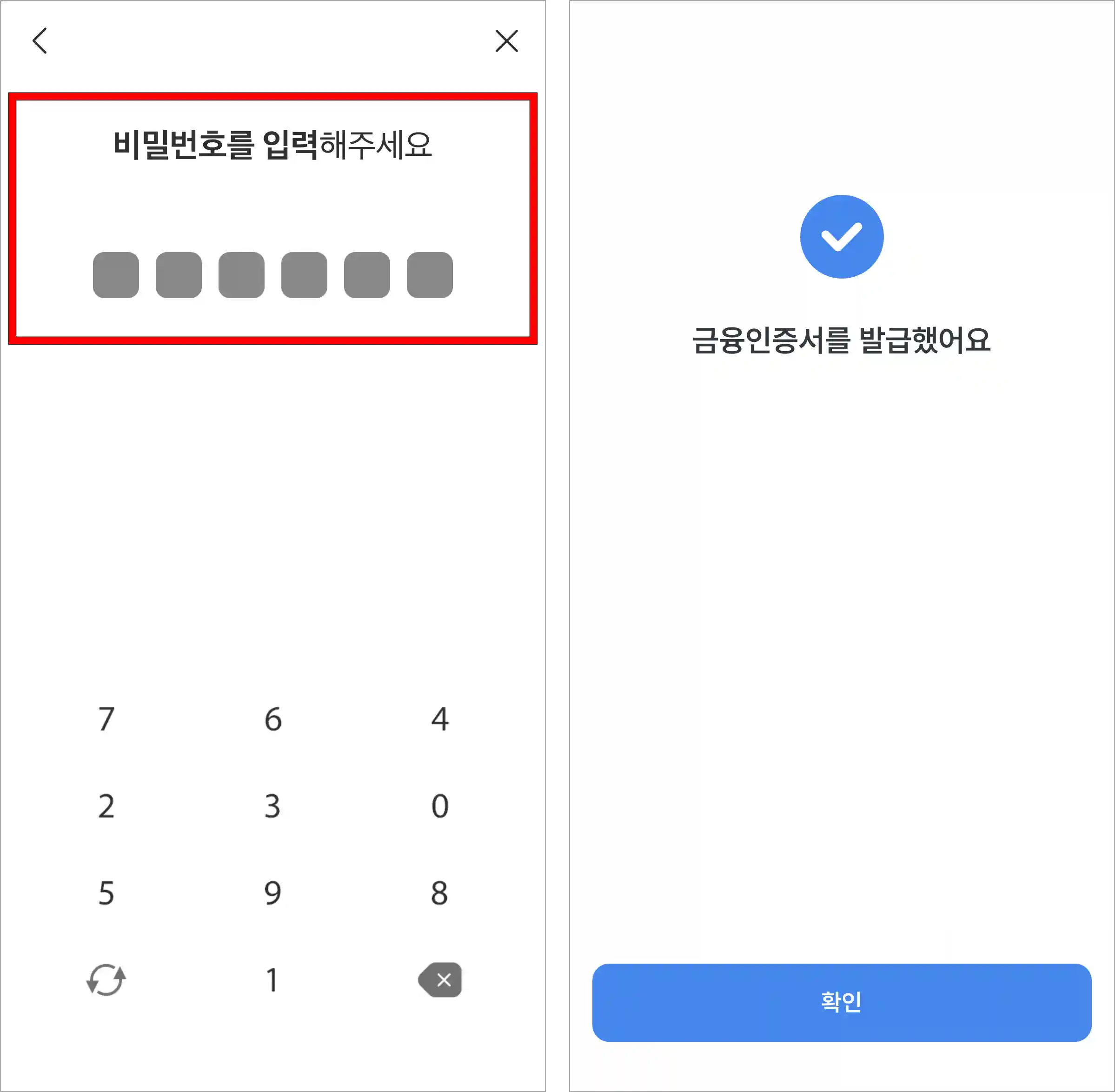 인증서에 사용할 비밀번호를 입력하여 금융인증서 발급을 완료
