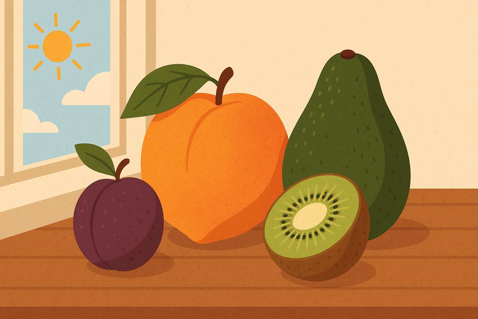 숙성 중 상온 보관이 필요한 복숭아, 자두, 아보카도, 키위 일러스트