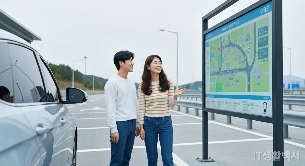 고속도로 휴게소에서 전기차 충전소를 검색하는 커플
