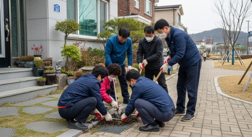 집 앞 하수구 청소하는 주민