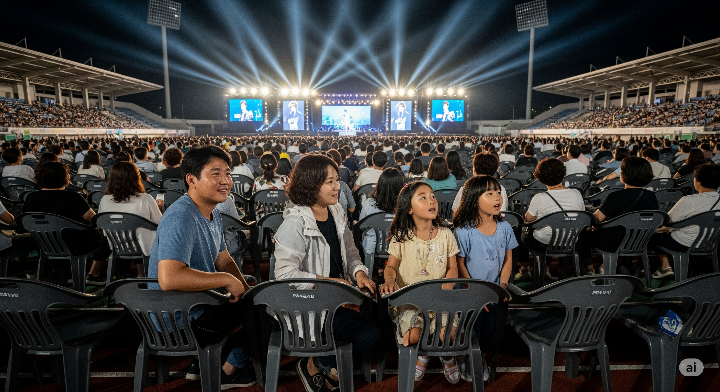 성남종합운동장 보조경기장에서 야외 공연을 즐기고 있는 가족