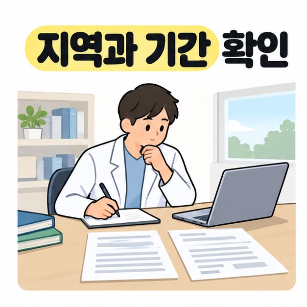 지역과 기간 확인 문구 아래 두 장의 서류와 노트북을 참고해 메모하는 연구자