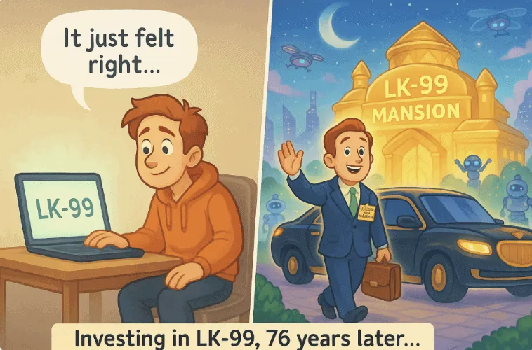 LK-99에 투자한 청년이 수십 년 후 &lsquo;LK-99 MANSION&rsquo; 앞에 도착한 성공한 투자자로 변화한 모습을 보여주는 2단 구성의 픽사풍 일러스트. 왼쪽엔 노트북 앞에서 &lsquo;It just felt right&hellip;&rsquo;라고 말하는 청년&amp;#44; 오른쪽엔 정장을 입고 부유한 모습으로 미래 도시를 배경으로 등장. (LK-99&amp;#44; investor&amp;#44; success&amp;#44; future wealth&amp;#44; superconductor meme) 