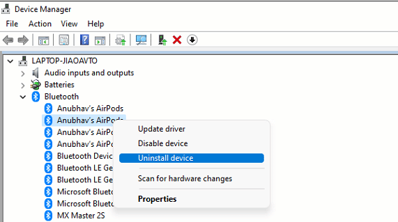 윈도우즈 장치 관리자에서 에어팟 제거 메뉴