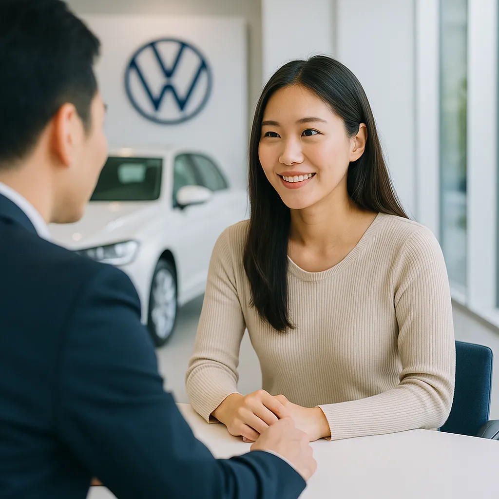 폭스바겐 매장에서 차량 점검 상담을 받는 여성