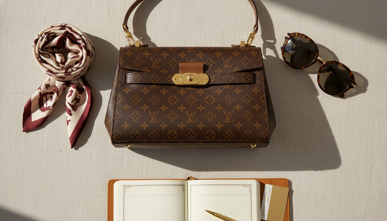 클래식한 모노그램 패턴이 돋보이는 루이비통 데일리 가방과 고급스러운 소품들