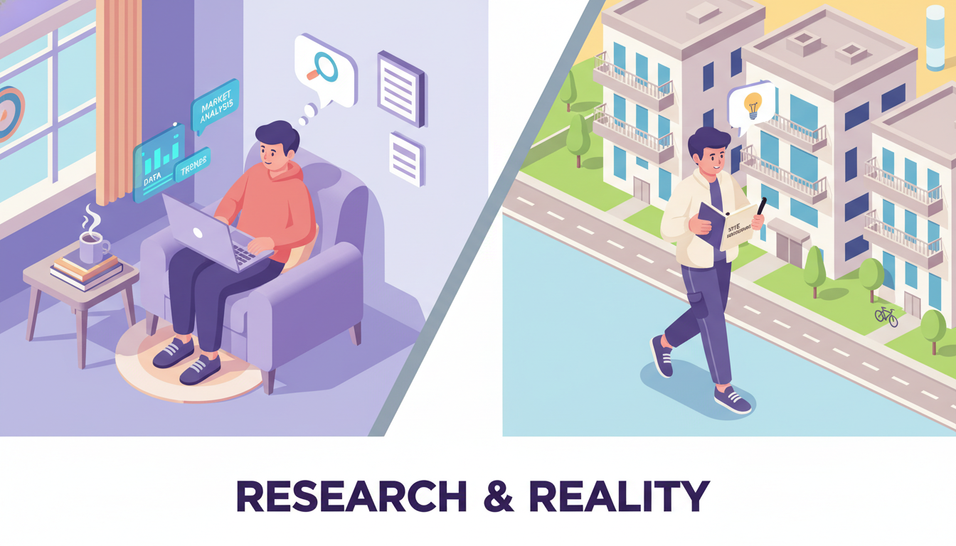 집에서 노트북으로 손품을 팔고, 밖에서 수첩을 들고 아파트 현장 발품을 파는 모습을 비교한 일러스트