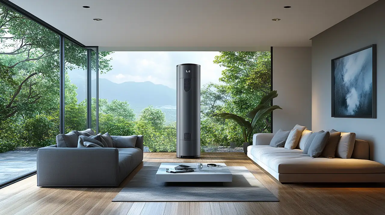 LG 무풍 에어컨 타워I 시리즈가 설치된 거실의 통합적이고 세련된 디자인. 이 프리미엄 에어컨은 인테리어와 조화롭게 어우러져 효율적인 냉방을 제공합니다. 주거 환경의 아름다움을 강조합니다.