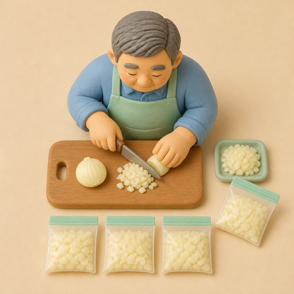 도마 위에서 양파를 잘게 썰어 지퍼백에 나눠 담는 60대 남성