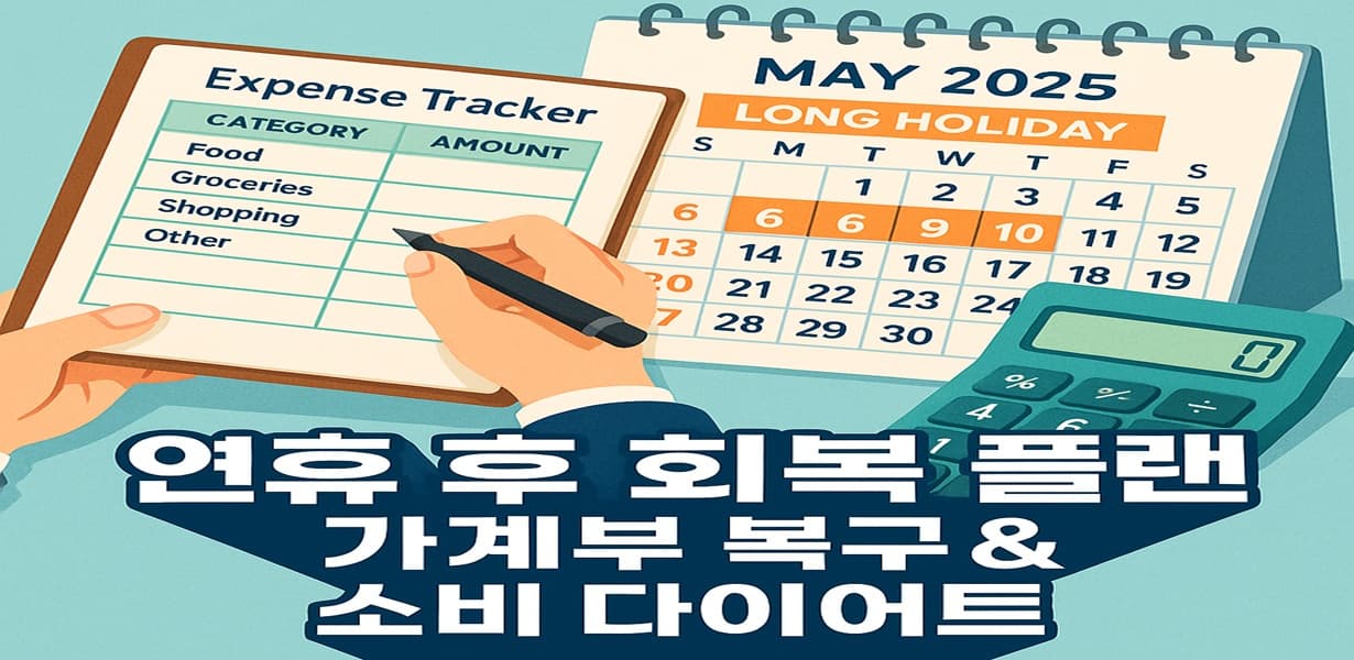 2025년 5월 황금연휴 이후 지출을 정리하고 소비 다이어트를 계획하는 모습, 가계부와 달력, 계산기가 함께 있는 장면