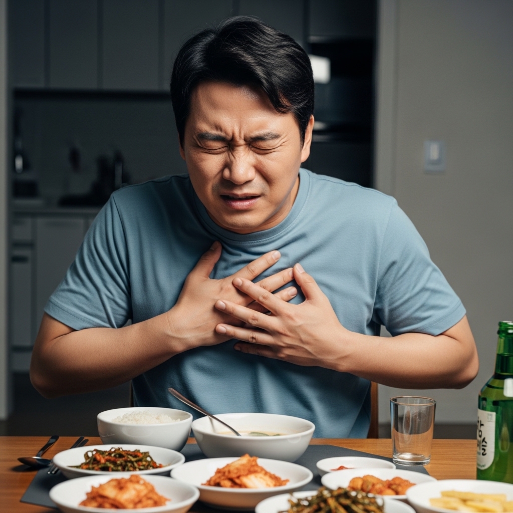식사 후 가슴 쓰림 통증을 느끼는 40대 한국인 남성