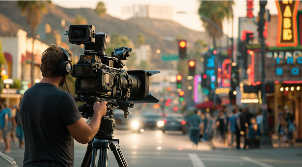 영화감독이 카메라를 들여다 보는 모습