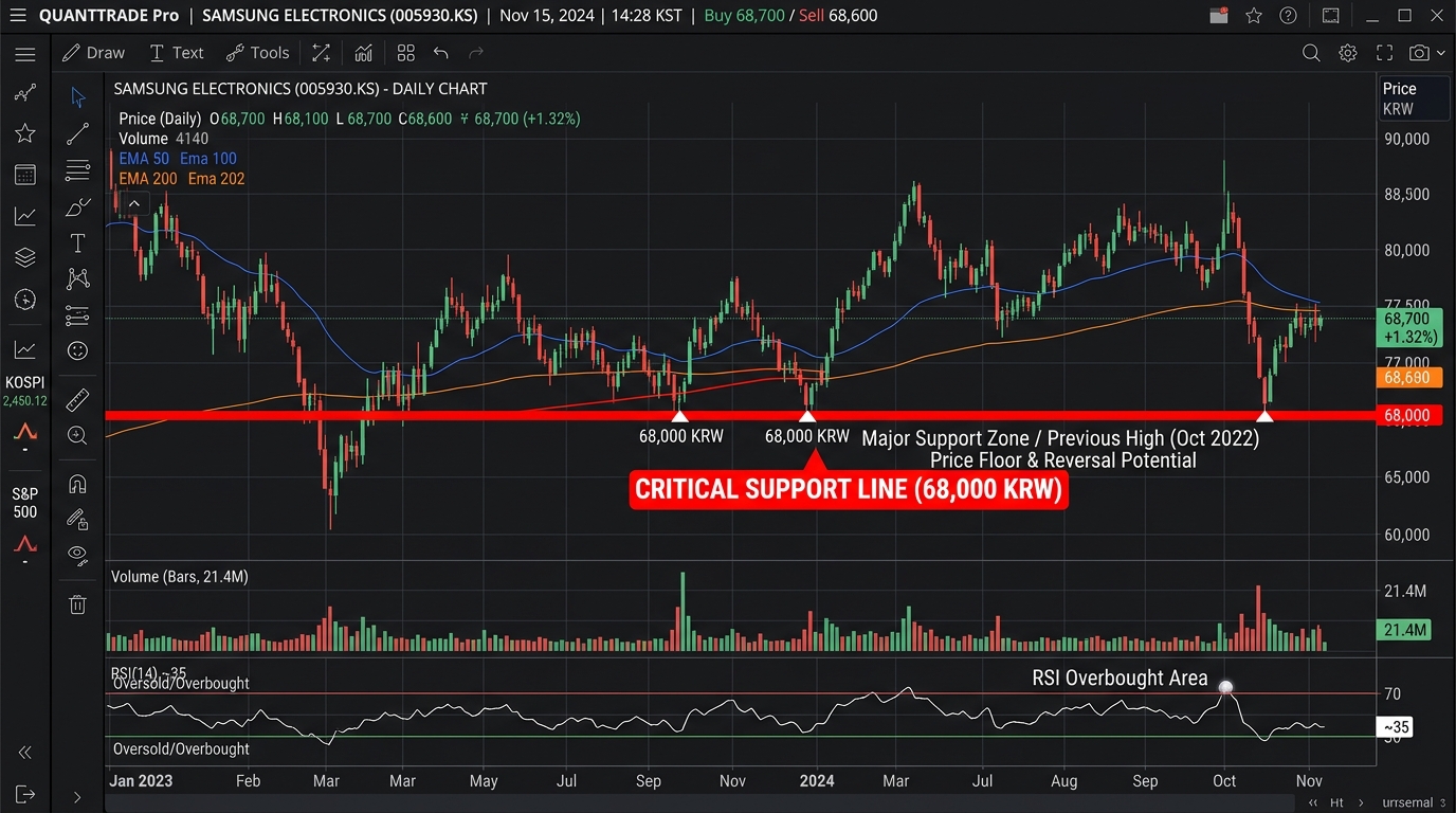 기술적 분석을 통한 삼성전자 주가의 1차, 2차 지지선 차트