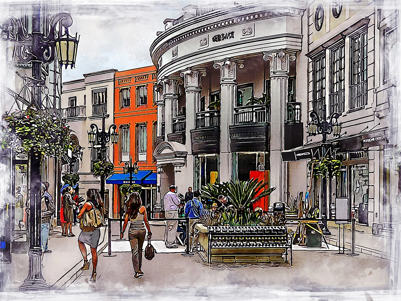 하이엔드 소비 트렌드를 상징하는 고급 쇼핑 거리 일러스트 이미지