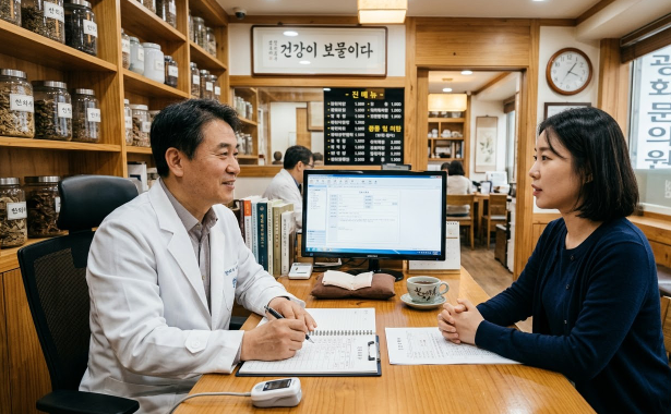 진료실에서 한의사와 환자가 마주 앉아 체질·생활습관을 상담하는 모습