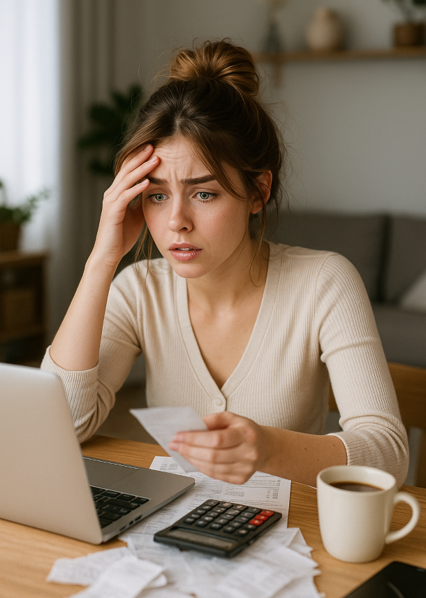 "세금 신고를 고민하는 프리랜서 여성의 일상 &ndash; 계산기와 노트북 앞에서 당황한 표정"