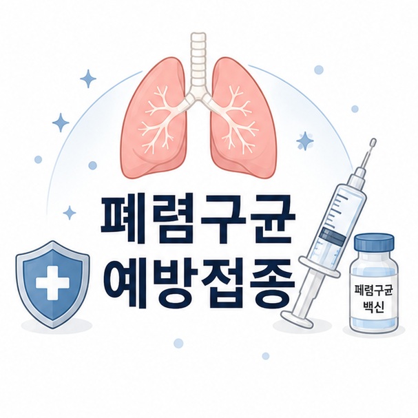 폐 아이콘과 백신 주사기, 방패를 함께 배치해 폐렴구균 예방접종을 설명하는 대표 이미지