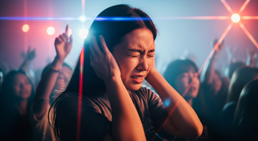 콘서트장에서 귀를 막는 젊은 여성