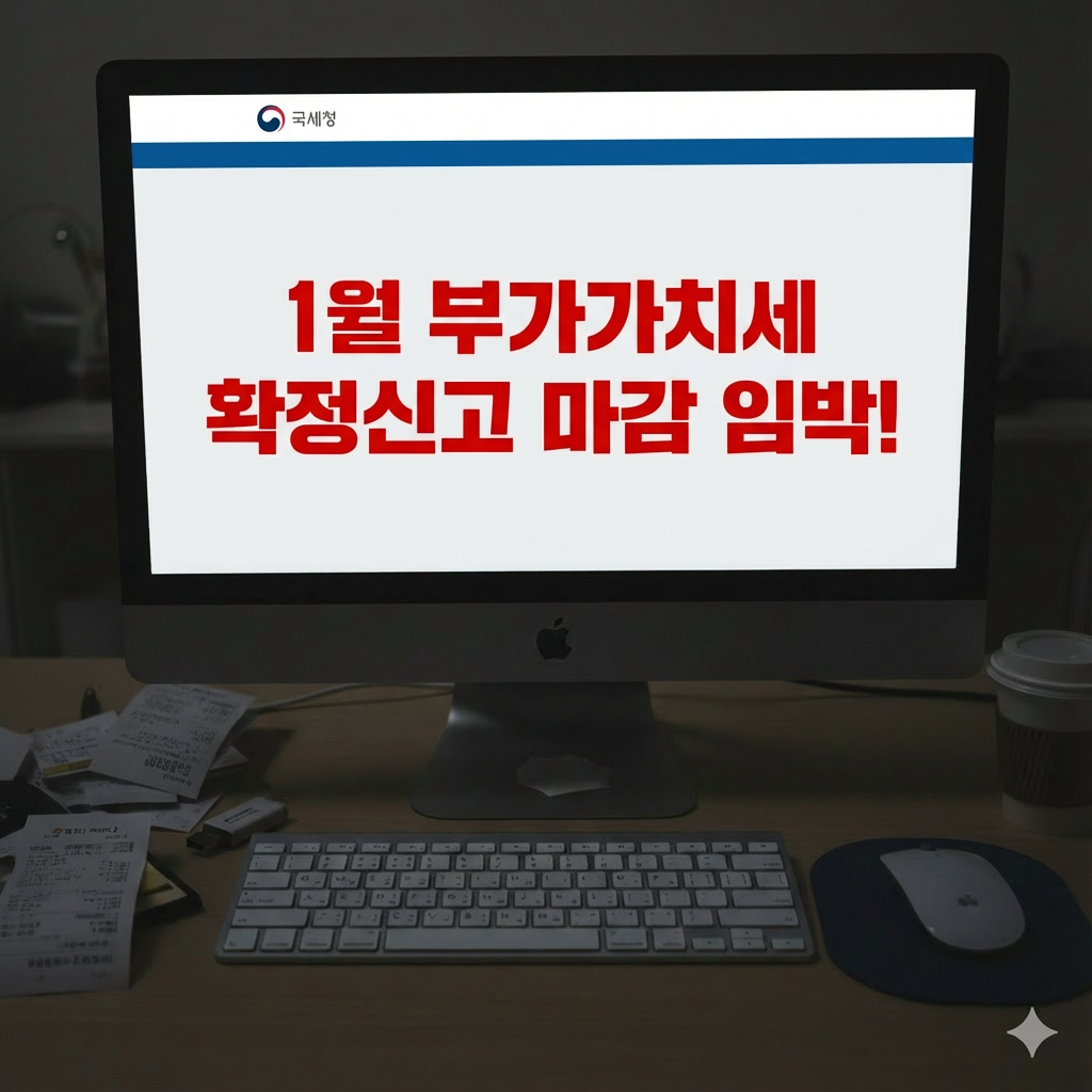 1월 부가가치세 확정신고를 앞두고 꼼꼼하게 신고 준비를 하는 과정을 시각적으로 나타낸 썸네일 이미지.