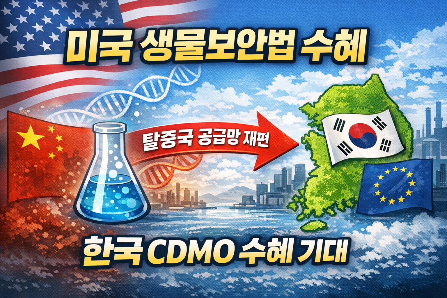미국 생물보안법 이슈로 탈중국 바이오 공급망 재편이 진행되며 한국 CDMO 수혜가 부각되는 뉴스형 썸네일