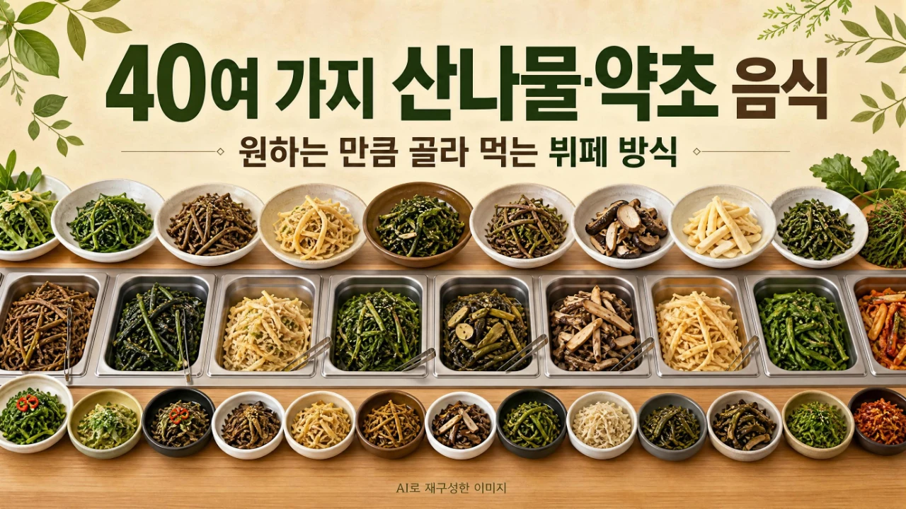 열매랑뿌리랑약초산나물뷔페의 40여 가지 산나물과 약초 음식 구성 안내