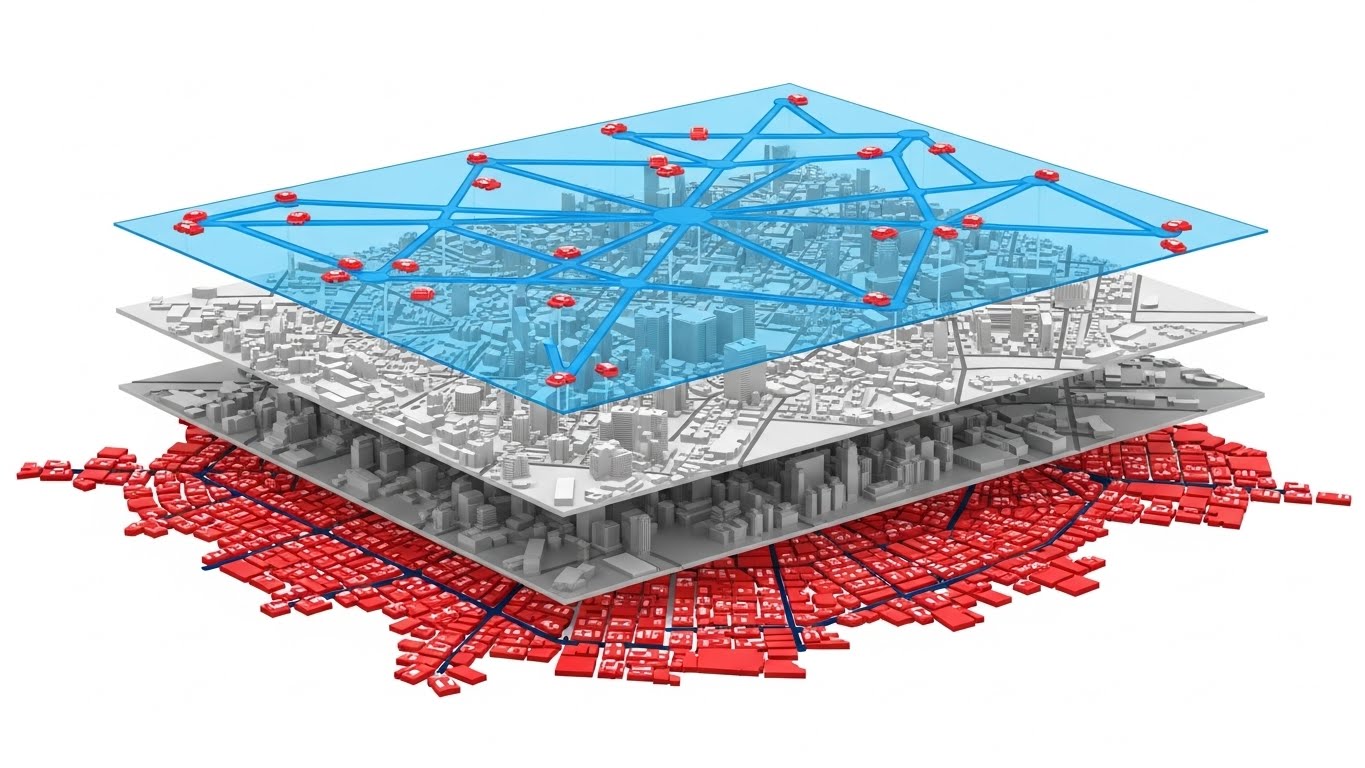 지상의 정체 구간을 피해 하늘길로 빠르게 이동하는 UAM의 효율성을 시각화한 데이터 맵 일러스트