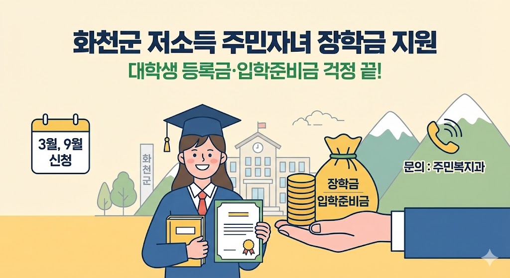 화천군 저소득 주민자녀 대학생 장학금 및 입학준비금 지원 안내 인포그래픽