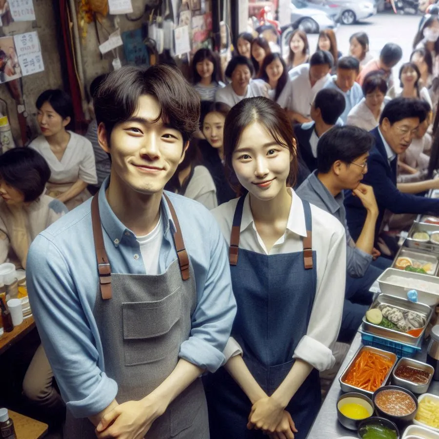 작은 음식점에서 활발히 활동하는 젊은 한국인 상인 두 명과 꽉 찬 손님들의 모습