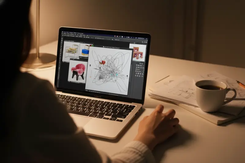 피곤한 손이 펜 툴로 누끼 작업을 하는 모습, 포토샵 AI 생성형 채우기의 필요성을 보여줌