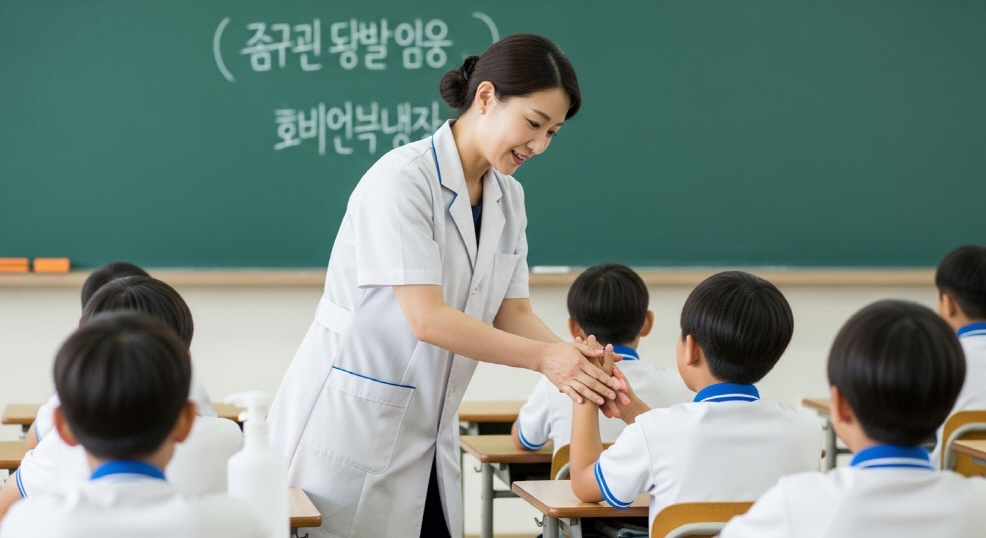 교사가 학생들에게 손씻기 교육 중
