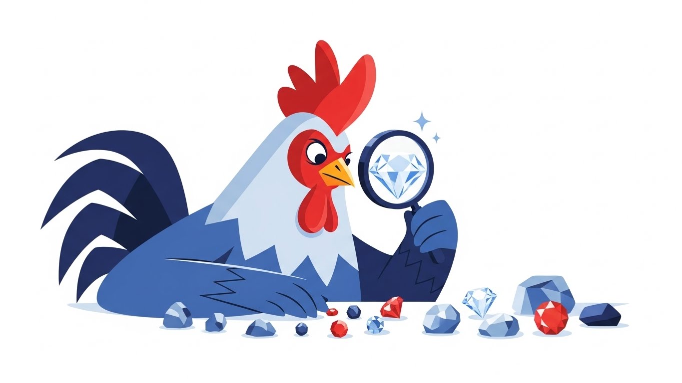 돋보기로 보석을 감정하며 옥석을 가려내는 집중력 있는 닭 캐릭터 일러스트