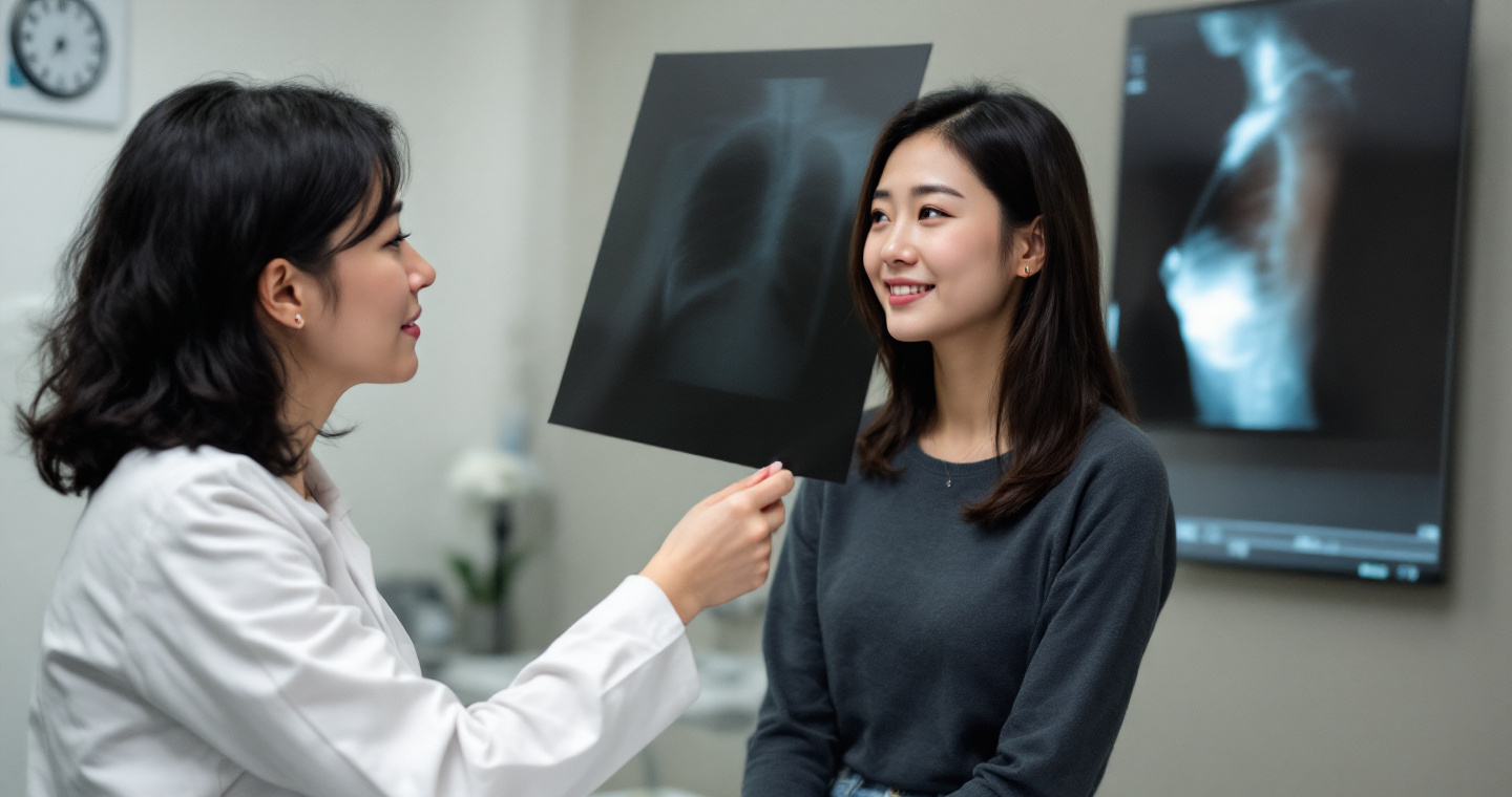 유방 엑스레이 사진을 듣고 진찰을 받고 있는 여성