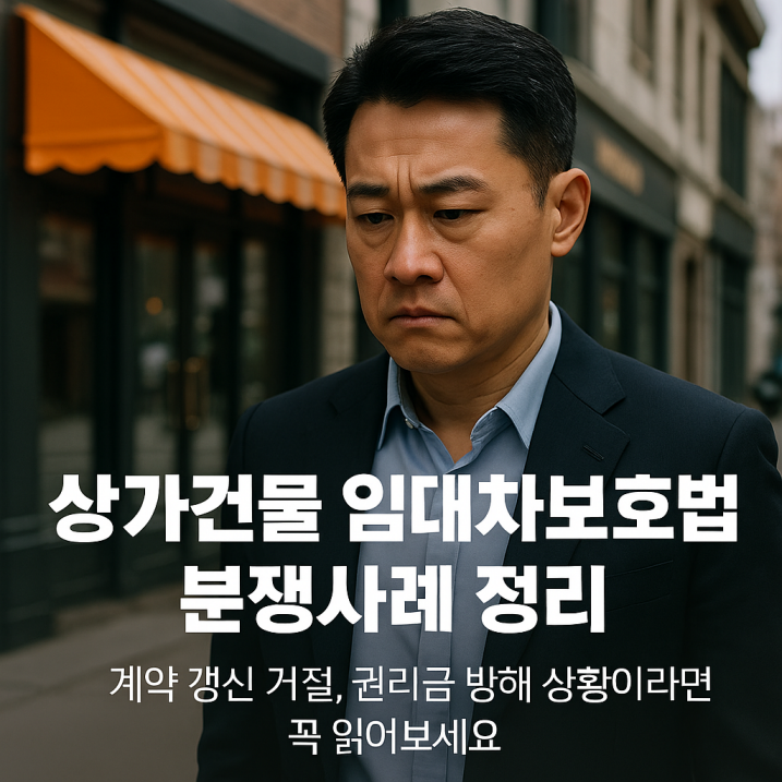 실내 상업시설을 배경으로 중년 동양인 남성이 고민하는 듯한 표정으로 서 있는 이미지로, 상단에는 '상가건물 임대차보호법 분쟁사례 정리'라는 문구가 강조되어 있으며, 법률적 긴장감과 신뢰감을 함께 전달하는 실사형 썸네일.
