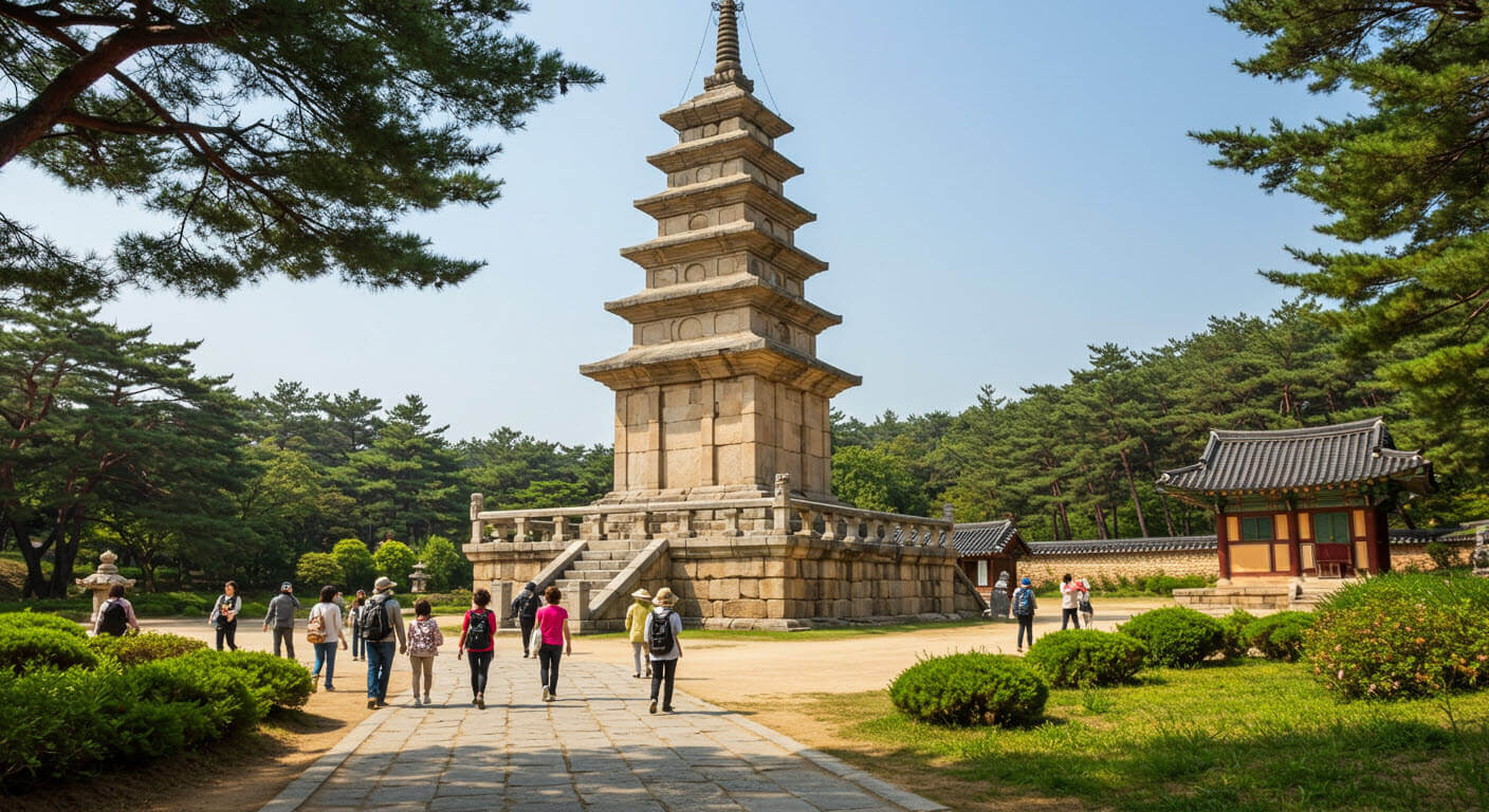 경주의 다보탑 주위로 관광객들이 있슴