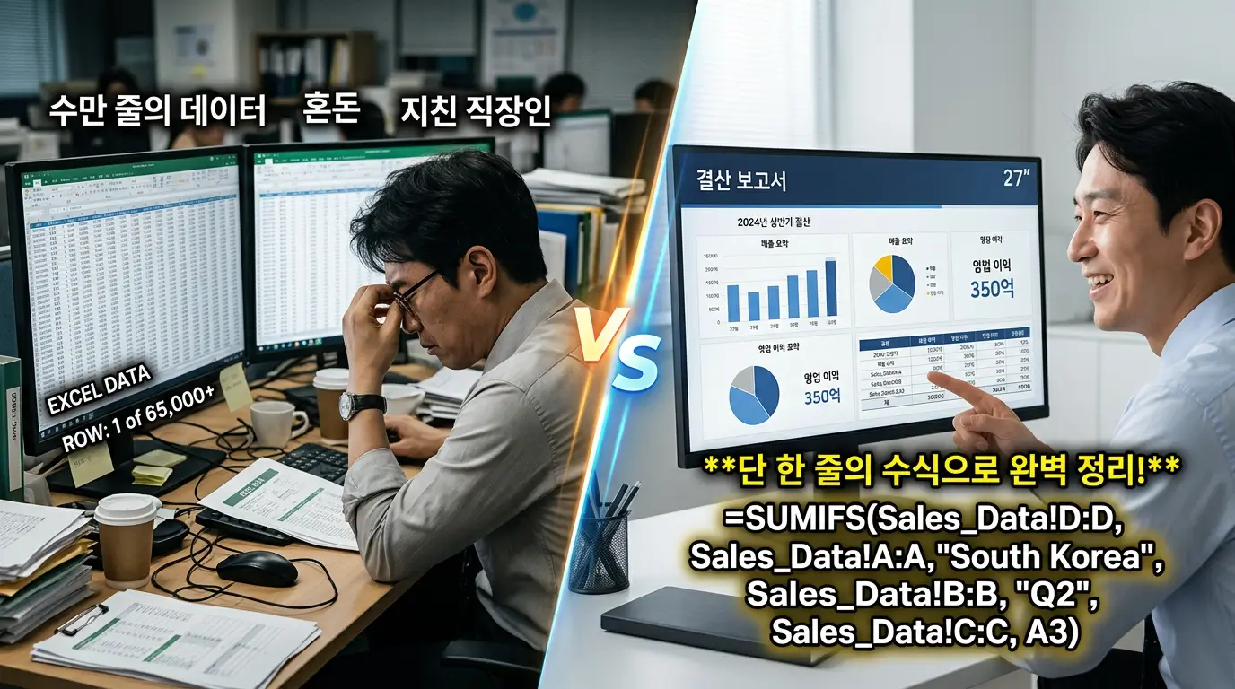 수만 줄의 엑셀 데이터를 눈으로 찾느라 지친 직장인과 수식 한 줄로 완벽하게 정리된 결산 보고서의 극명한 비교 화면
