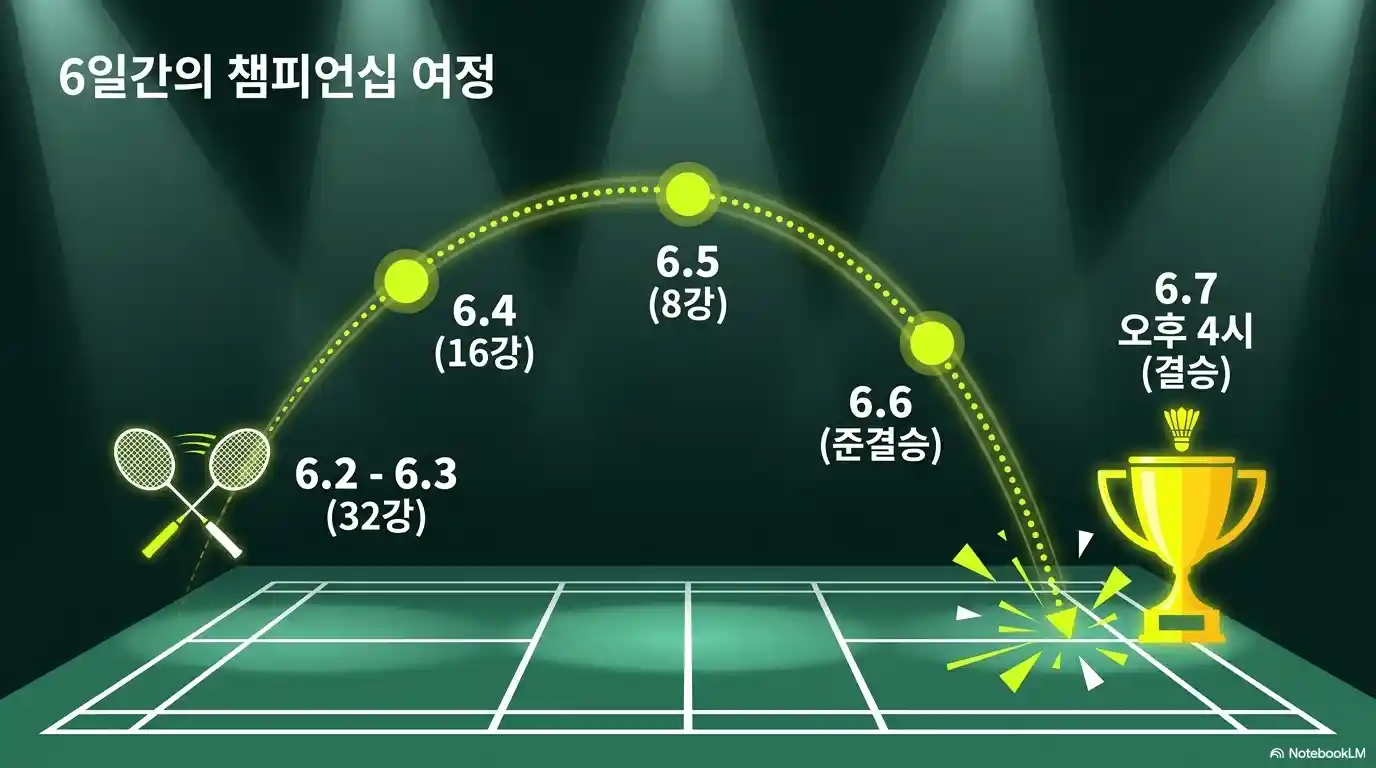인도네시아 오픈 배드민턴 2026 대회 일정 – 32강(6.2~6.3), 16강(6.4), 8강(6.5), 준결승(6.6), 결승(6.7 오후 4시) 6일간의 챔피언십 여정
