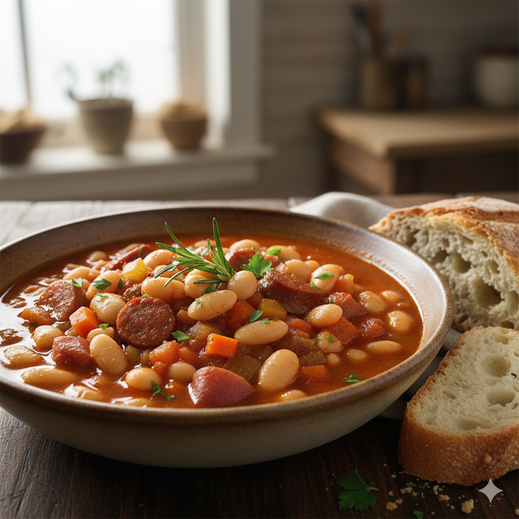 토마토 소스에 큼직한 리마콩과 각종 야채를 넣어 뭉근하게 끓여낸 리마콩 스튜