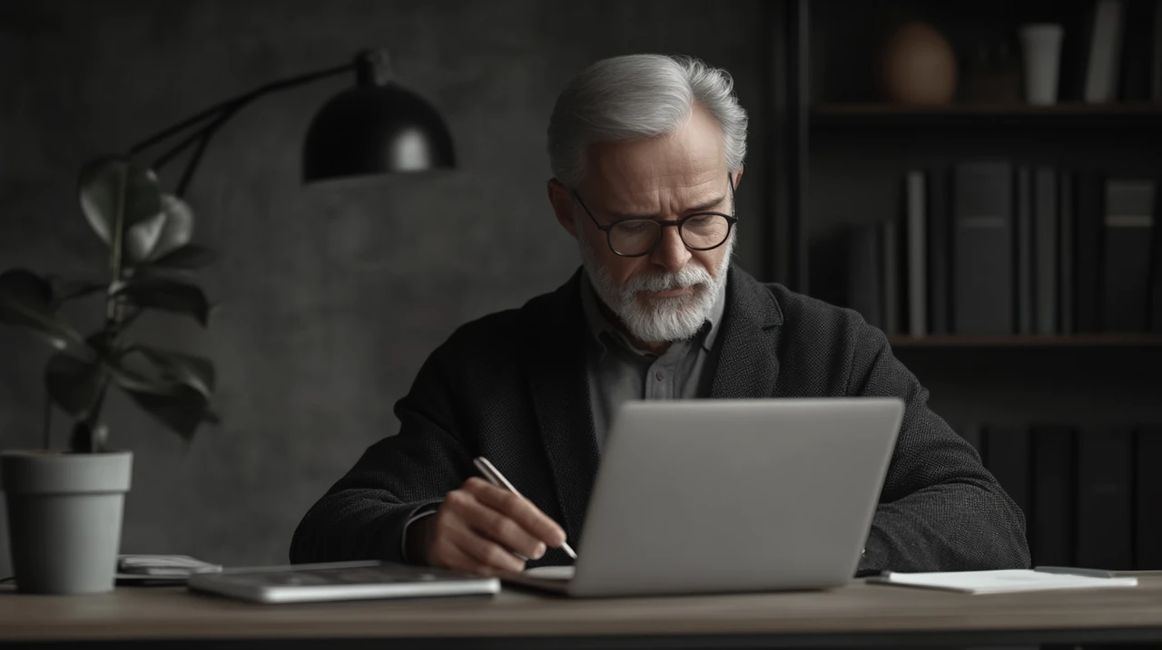 중장년 투자자가 월배당 ETF 포트폴리오 분산 투자 전략과 현금흐름 최적화 파이차트를 검토하는 장면. 미국 ETF 상승률, 월별 배당, 분산 투자, 수익률 비교와 안정성 분석 정보 포함