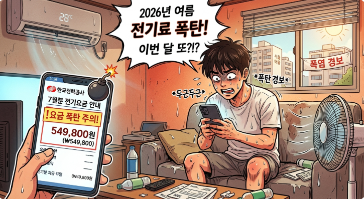 2026년 여름 전기료 폭탄을 두려워하는 인물 웹툰스타일이미지