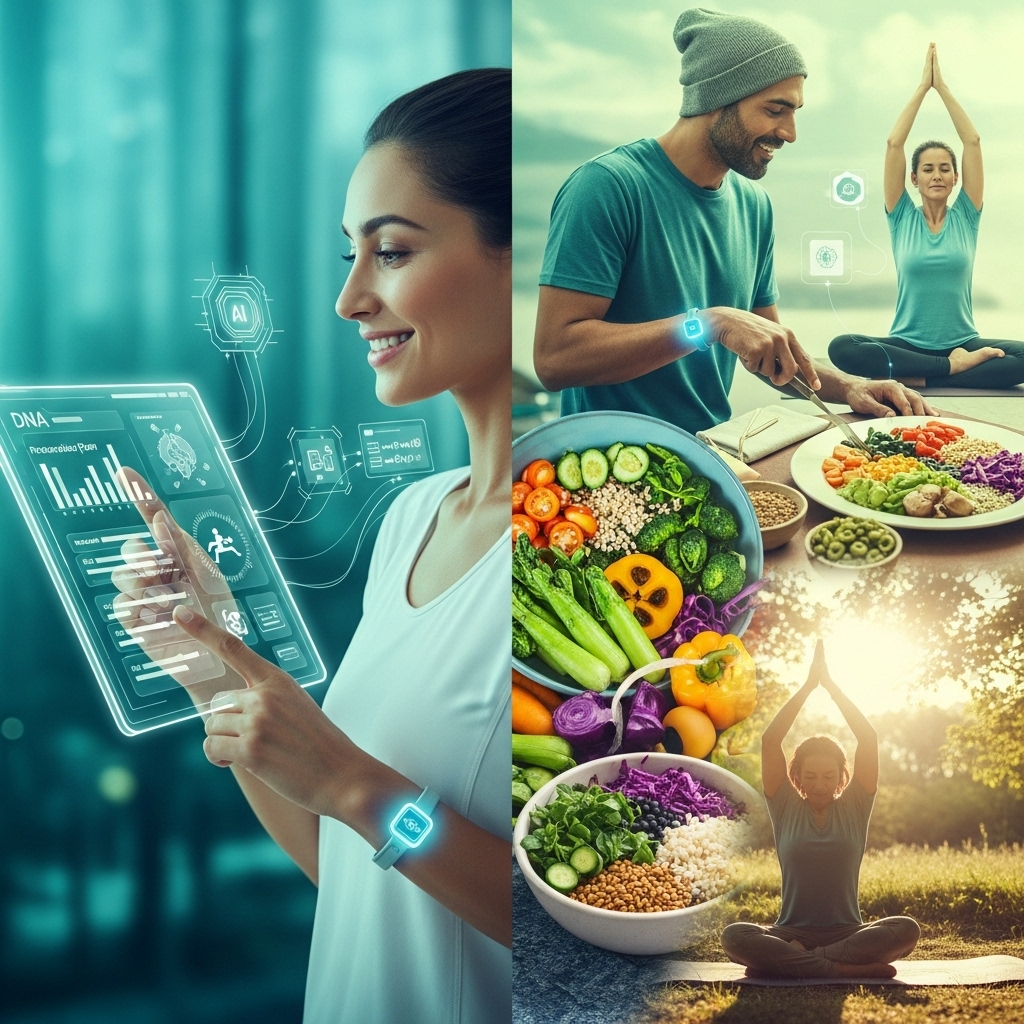 2025년 웰에이징 트렌드를 상징하는 이미지. AI가 개인 건강 데이터를 분석하여 식단과 운동을 추천하는 모습, 채소 위주의 저속노화 식사를 하는 사람들, 그리고 활기차게 운동하는 모습이 어우러져 건강하고 젊은 삶을 표현합니다.