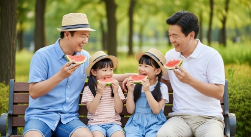 평상에 앉아 수박을 먹는 한국 가족