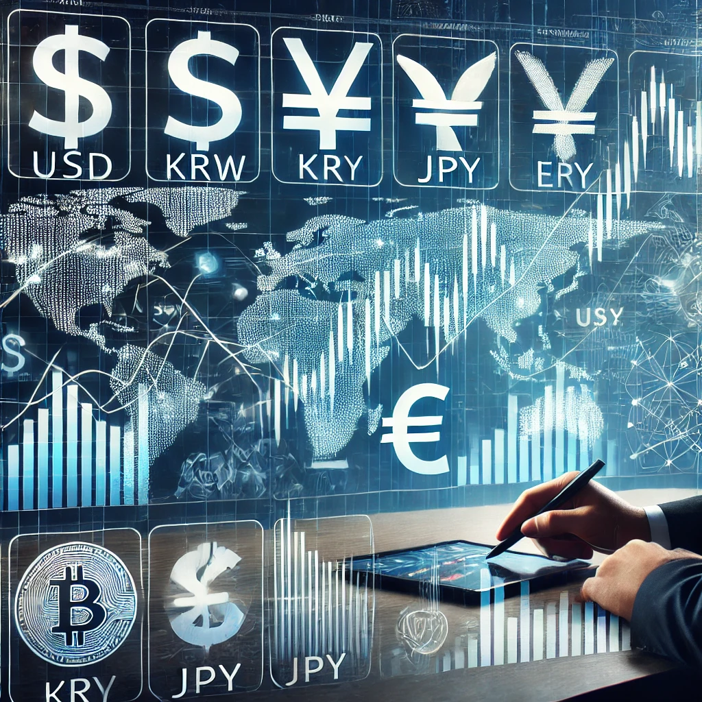 외환(Forex) 마진거래와 실물 환전 투자를 비교하는 현대적이고 전문적인 디지털 일러스트. 금융 그래프, 통화 기호(USD, KRW, JPY, EUR), 그리고 환율을 분석하는 트레이더가 포함된 이미지.