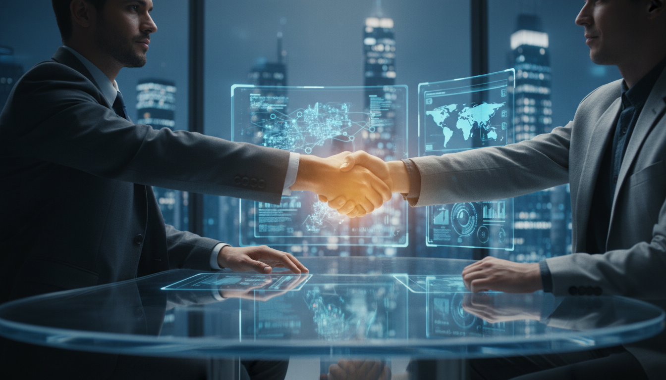 2026년 첨단 AI 데이터 스크린을 배경으로 두 사람이 악수하며 휴민트(인간 정보)의 중요성을 상징하는 모습